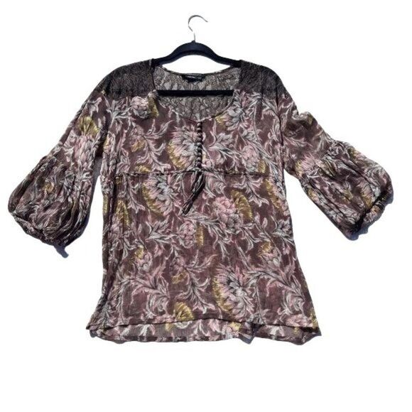 BCBGMaxAzria Top Sheer Silk Botanical Peasant Balloon Sleeve Brown Pink Sz S - Picture 13 of 13